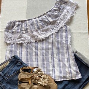 ANGIE One Off Shoulder Halter Top Blue Plaid White Boho Lace Size LARGE
